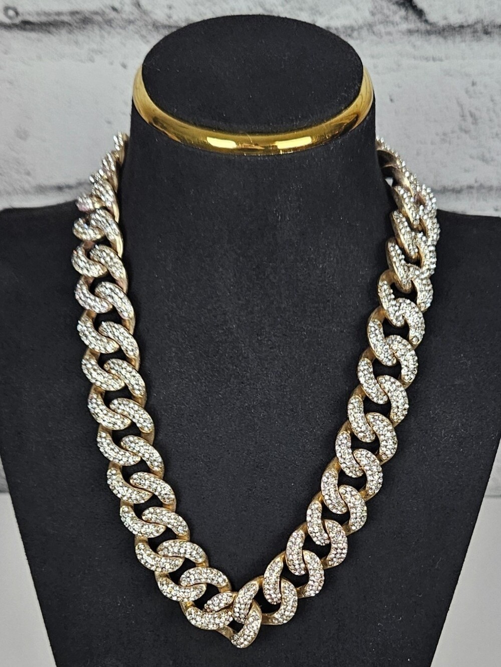Gold Tone Rhinestone Chunky Cuban Link Statement Necklace